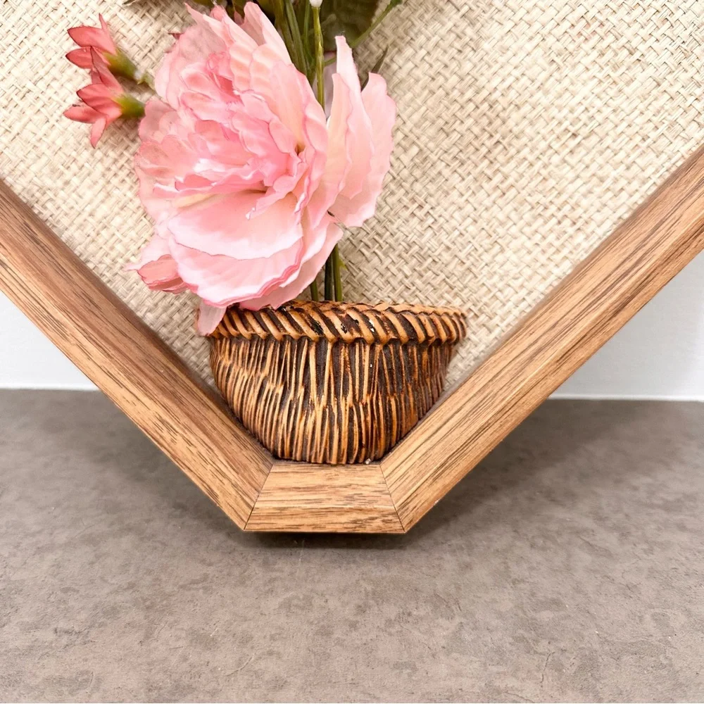 Vintage 3D Flower Wall Art Hexagonal Wooden Frame Pink White Floral Arrangement
